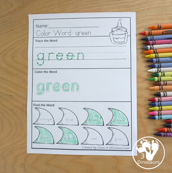 Shark Color Pack - with 63 pages of printables with color easy reader book, color clip cards, color tracing strips, color writing strips, color pocket chart cards, color word writing, color word puzzles, and more all to work on learning color words. This is a great ocean theme - 3Dinosaurs.com-  - 3Dinosaurs.com