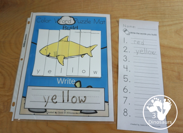 Shark Color Pack - with 63 pages of printables with color easy reader book, color clip cards, color tracing strips, color writing strips, color pocket chart cards, color word writing, color word puzzles, and more all to work on learning color words. This is a great ocean theme - 3Dinosaurs.com-  - 3Dinosaurs.com