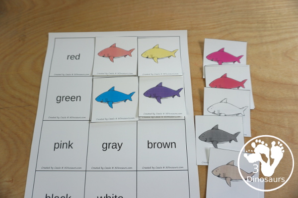 Shark Color Pack - with 63 pages of printables with color easy reader book, color clip cards, color tracing strips, color writing strips, color pocket chart cards, color word writing, color word puzzles, and more all to work on learning color words. This is a great ocean theme - 3Dinosaurs.com-  - 3Dinosaurs.com