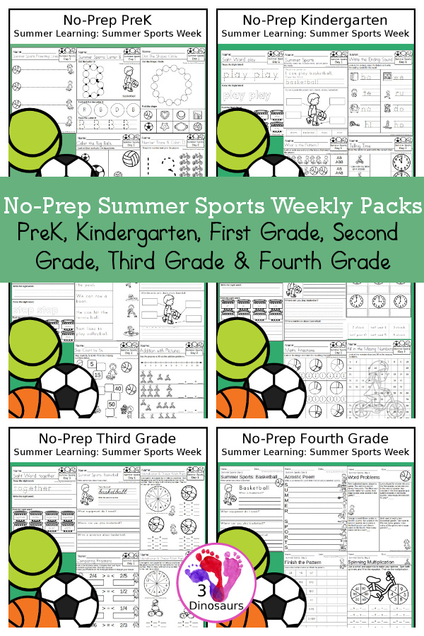 Summer Sports No-Prep Weekly Packs PreK, Kindergarten, First Grade, Second Grade, Third Grade & Fourth Grade with 5 days of activities to do for each grade level With loads of basketball, cycling, gymnastic, soccer (football option), tennis in the mix - You will find a mix of math, language, and more - These are easy to use packs for summer learning, homework, early finisher, and morning work. Easy no-prep printables for kids with four pages for each day - 3Dinosaurs.com