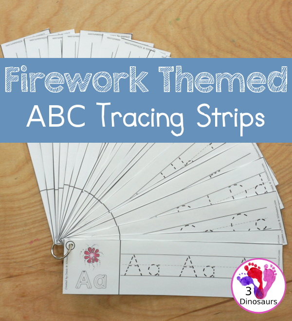 Free Firework ABC Tracing Strips - with uppercase and lowercase together. You have fun kids with a firework plus you can see an example of how to trace the letters - 3Dinosaurs.com