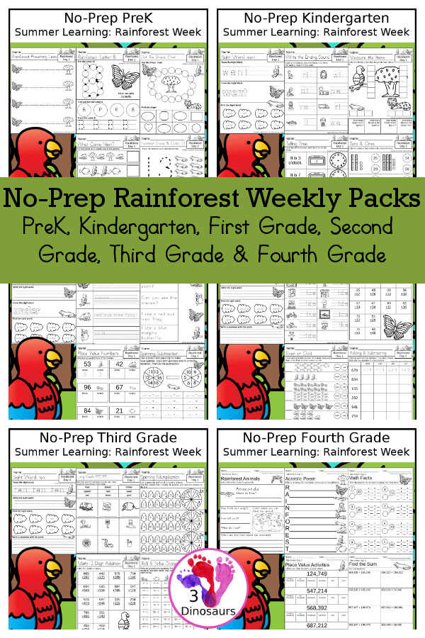 Rainforest No-Prep Weekly Packs PreK, Kindergarten, First Grade, Second Grade, Third Grade & Fourth Grade with 5 days of activities to do for each grade level With loads of different rainforest animal themes - You will find a mix of math, language, and more - These are easy to use packs for rainforest themed activities, summer learning, homework, early finisher, and morning work. Easy no-prep printables for kids with four pages for each day - 3Dinosaurs.com