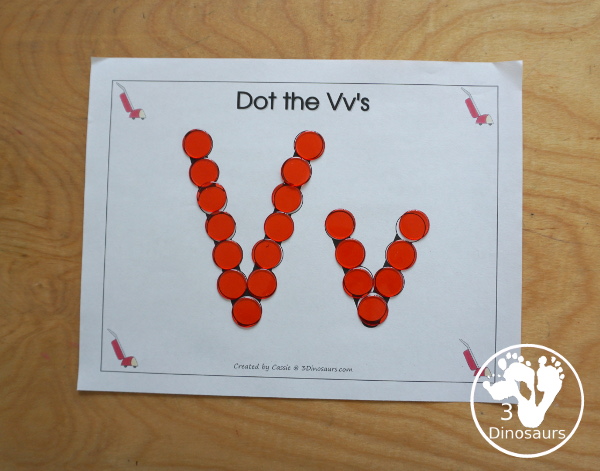 Free Romping & Roaring V Pack Letter Pack: V is for Vacuum - a letter V pack that has prewriting, finding letters Vv, tracing letters V, V coloring pages, shapes, puzzles and more - 3Dinosaurs.com