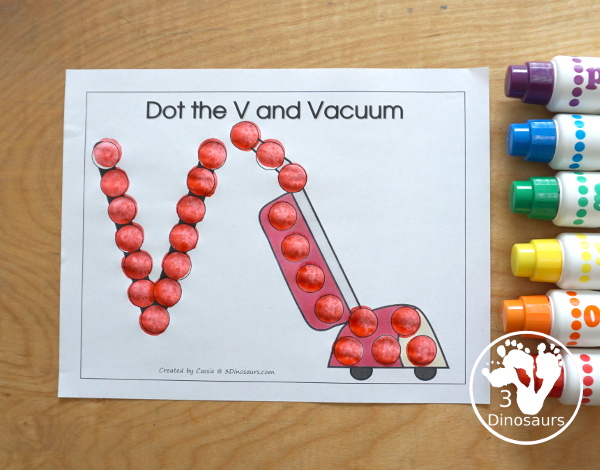 Free Romping & Roaring V Pack Letter Pack: V is for Vacuum - a letter V pack that has prewriting, finding letters Vv, tracing letters V, V coloring pages, shapes, puzzles and more - 3Dinosaurs.com