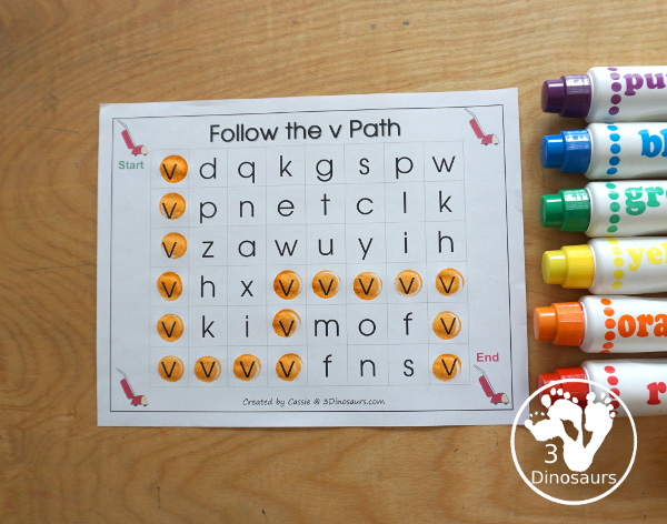 Free Romping & Roaring V Pack Letter Pack: V is for Vacuum - a letter V pack that has prewriting, finding letters Vv, tracing letters V, V coloring pages, shapes, puzzles and more - 3Dinosaurs.com