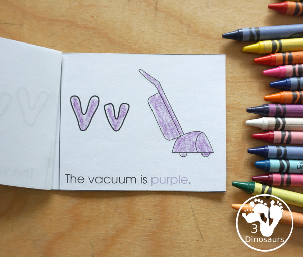 Free Romping & Roaring V Pack Letter Pack: V is for Vacuum - a letter V pack that has prewriting, finding letters Vv, tracing letters V, V coloring pages, shapes, puzzles and more - 3Dinosaurs.com