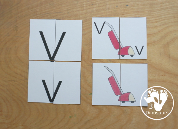 Free Romping & Roaring V Pack Letter Pack: V is for Vacuum - a letter V pack that has prewriting, finding letters Vv, tracing letters V, V coloring pages, shapes, puzzles and more - 3Dinosaurs.com
