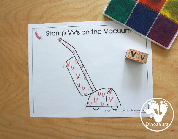 Free Romping & Roaring V Pack Letter Pack: V is for Vacuum - a letter V pack that has prewriting, finding letters Vv, tracing letters V, V coloring pages, shapes, puzzles and more - 3Dinosaurs.com