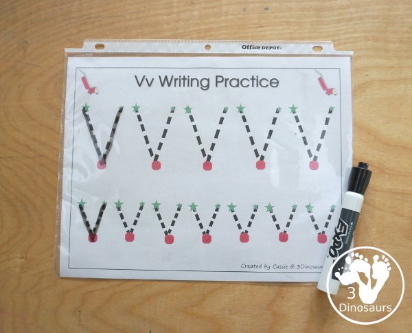 Free Romping & Roaring V Pack Letter Pack: V is for Vacuum - a letter V pack that has prewriting, finding letters Vv, tracing letters V, V coloring pages, shapes, puzzles and more - 3Dinosaurs.com