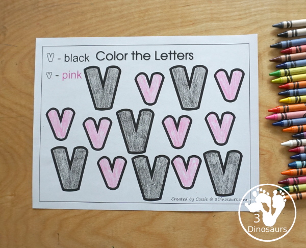 Free Romping & Roaring V Pack Letter Pack: V is for Vacuum - a letter V pack that has prewriting, finding letters Vv, tracing letters V, V coloring pages, shapes, puzzles and more - 3Dinosaurs.com