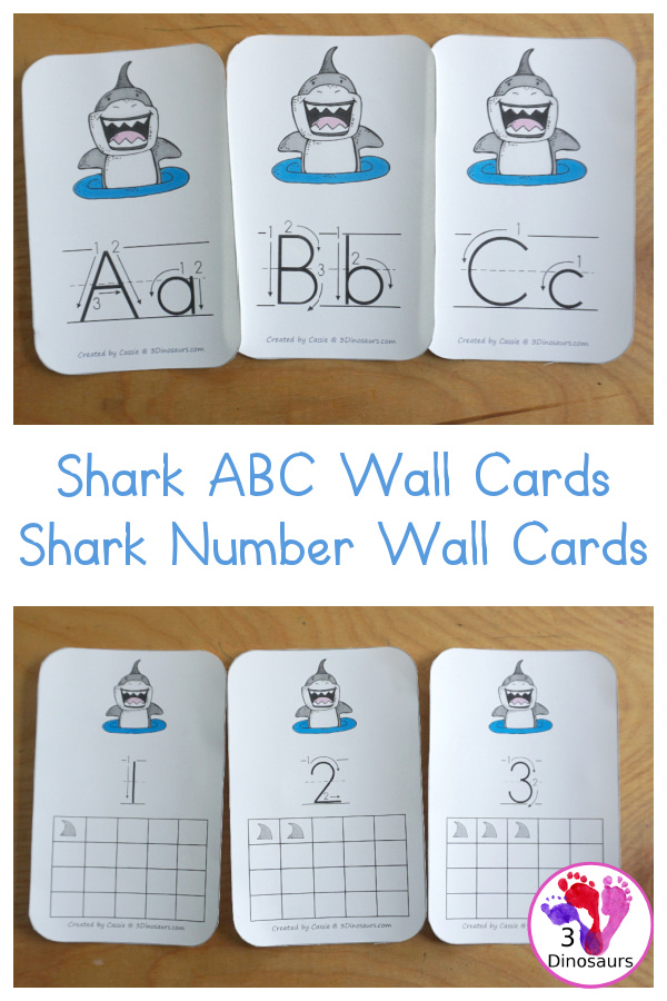 Free SHARK ABC and Number Wall Cards - with 26 alphabet cards with uppercase and lowercase letters and number wall cards with numbers from 0 to 20 with matching shark fins for counting - 3Dinosaurs.