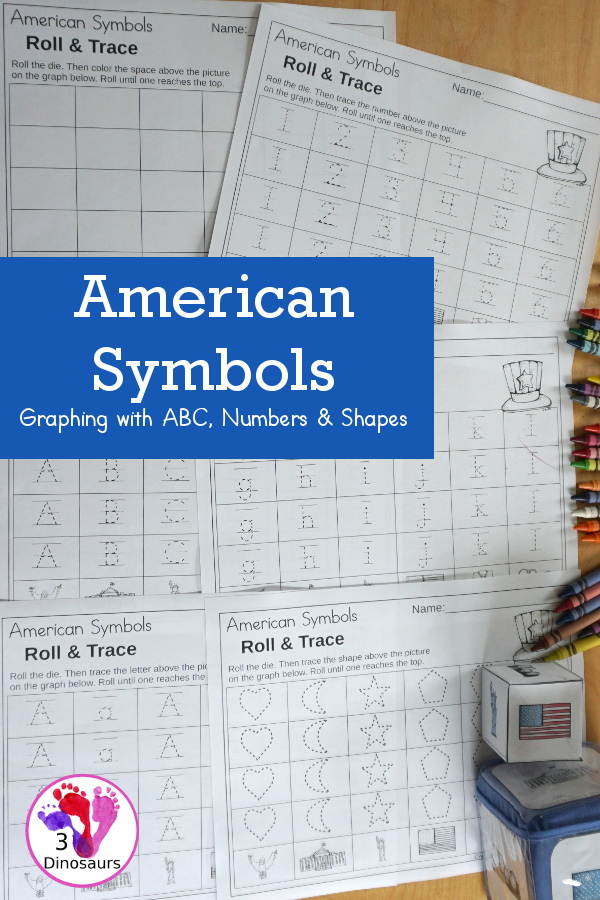 American Roll & Graph With Trace Letters, Numbers & Shapes with a folding die and cube die with a graphing sheet, graphing with tracing numbers, graphing with tracing letters and graphing with tracing shapes. All with a fun American Symbols theme for Fourth of July and Memorial Day for prek and kindergarten - 3Dinosaurs.com