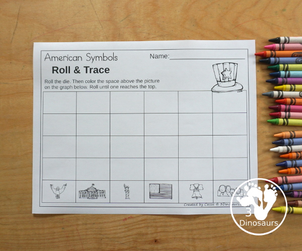 American Roll & Graph With Trace Letters, Numbers & Shapes with a folding die and cube die with a graphing sheet, graphing with tracing numbers, graphing with tracing letters and graphing with tracing shapes. All with a fun American Symbols theme for Fourth of July and Memorial Day for prek and kindergarten - 3Dinosaurs.com