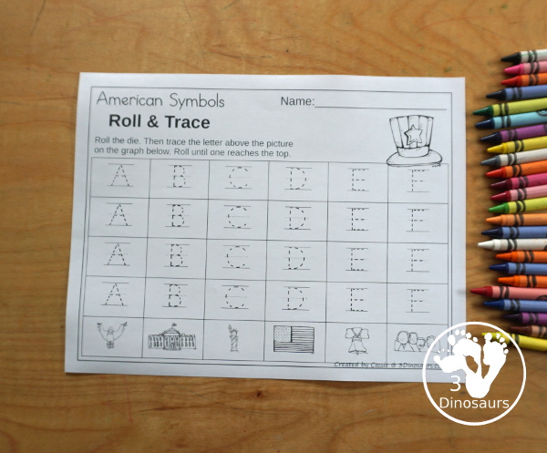 American Roll & Graph With Trace Letters, Numbers & Shapes with a folding die and cube die with a graphing sheet, graphing with tracing numbers, graphing with tracing letters and graphing with tracing shapes. All with a fun American Symbols theme for Fourth of July and Memorial Day for prek and kindergarten - 3Dinosaurs.com