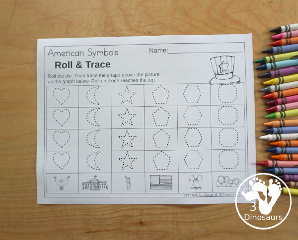 American Roll & Graph With Trace Letters, Numbers & Shapes with a folding die and cube die with a graphing sheet, graphing with tracing numbers, graphing with tracing letters and graphing with tracing shapes. All with a fun American Symbols theme for Fourth of July and Memorial Day for prek and kindergarten - 3Dinosaurs.com