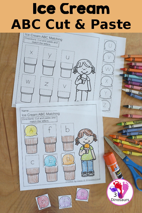 Free Ice Cream ABC Matching Printable with 5 pages of printables for matching uppercase and lowercase ABC printables - 3Dinosaurs.com