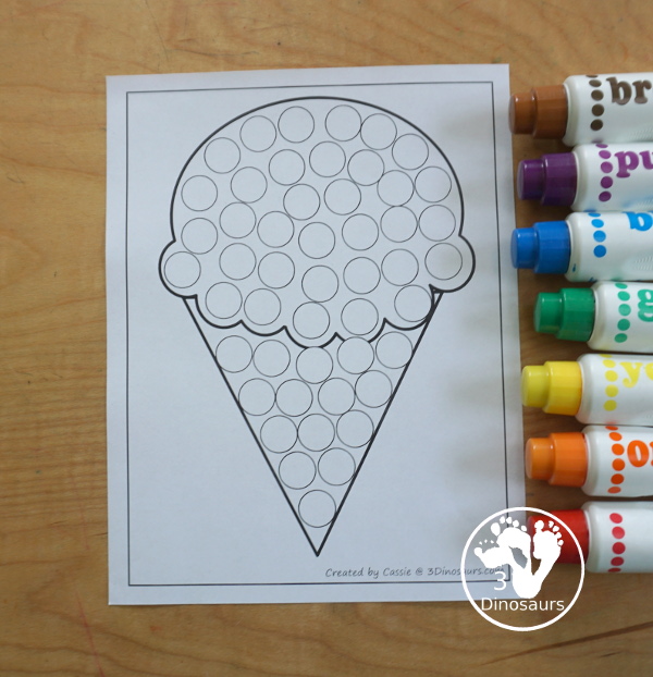 Free Ice Cream Fine Motor Mat Printables with 6 pages of fine motor printables with ice cream template printables, ice cream tracing worksheets, and ice cream dot marker printable for kids. All great for a summer fine motor center. - 3Dinosaurs.com