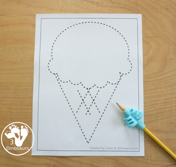 Free Ice Cream Fine Motor Mat Printables with 6 pages of fine motor printables with ice cream template printables, ice cream tracing worksheets, and ice cream dot marker printable for kids. All great for a summer fine motor center. - 3Dinosaurs.com