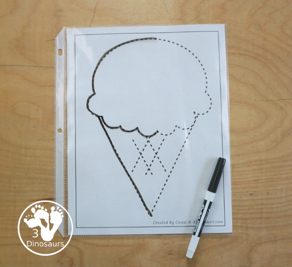 Free Ice Cream Fine Motor Mat Printables with 6 pages of fine motor printables with ice cream template printables, ice cream tracing worksheets, and ice cream dot marker printable for kids. All great for a summer fine motor center. - 3Dinosaurs.com