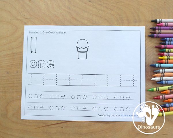 Free Ice Cream Number Color & Trace - Numbers o to 10 with counting the ice cream cones and tracing the number and number word for each number with 11 pages of printables for prek and kindergarten - 3Dinosaurs.com
