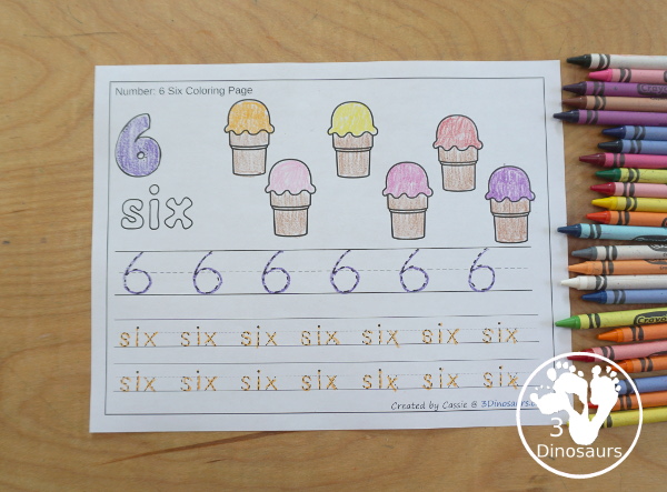 Free Ice Cream Number Color & Trace - Numbers o to 10 with counting the ice cream cones and tracing the number and number word for each number with 11 pages of printables for prek and kindergarten - 3Dinosaurs.com