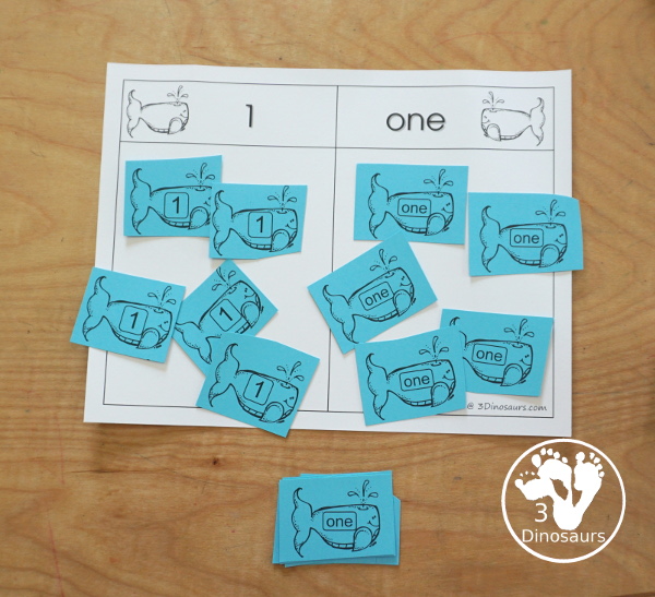 Free Romping and Roaring Number 1 Pack - with number 1 worksheets, number 1 puzzles, number 1 handwriting, number 1 dot marker worksheets and more for PreK and kindergarten age kids with a whale theme.  - 3Dinosaurs.com