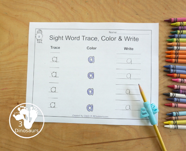 Free Romping & Roaring Preprimer Sight Words Packs Set 1: A, And, Away, Big - 6 pages of activities for each preprimer sight words: a, and, away, big. These are great for easy to use learning centers - 3Dinosaurs.com