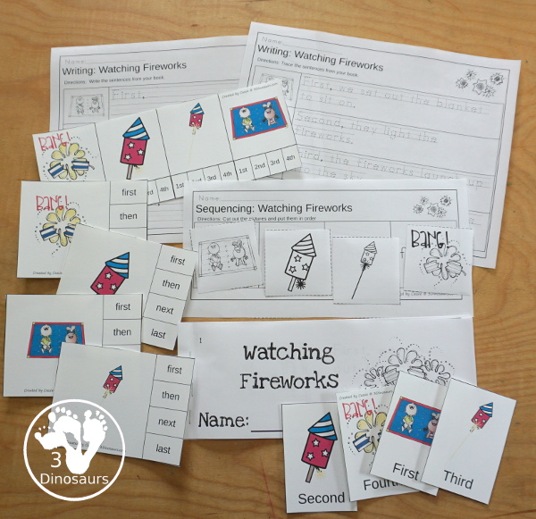Sequencing: Watching Fireworks with clip cards, task cards, no-prep worksheets, writing activities and easy reader books $ - 3Dinosaurs.com  #sequencingforkids 