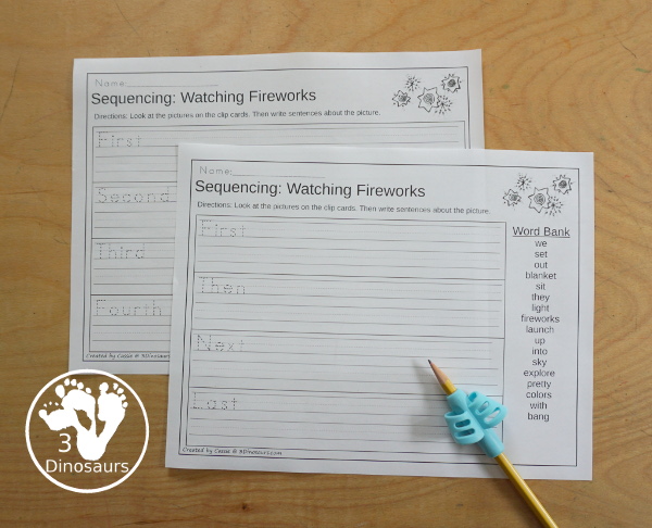 Sequencing: Watching Fireworks with clip cards, task cards, no-prep worksheets, writing activities and easy reader books $ - 3Dinosaurs.com  #sequencingforkids 