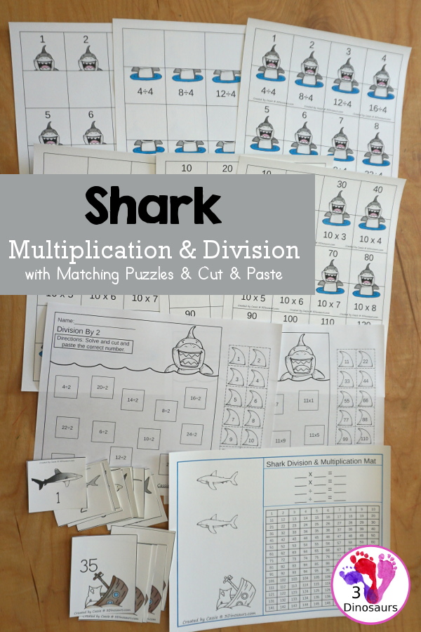 Shark Multiplication & Division Cut & Paste and Matching with cut and paste worksheets for division and multiplication with numbers 1 to 12 and match puzzles and matching mats for division and multiplication - 3Dinosaurs.com