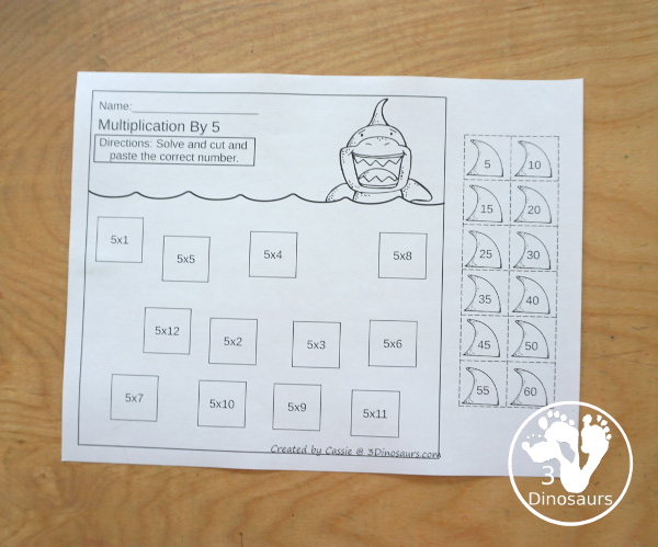 Shark Multiplication & Division Cut & Paste and Matching with cut and paste worksheets for division and multiplication with numbers 1 to 12 and match puzzles and matching mats for division and multiplication - 3Dinosaurs.com