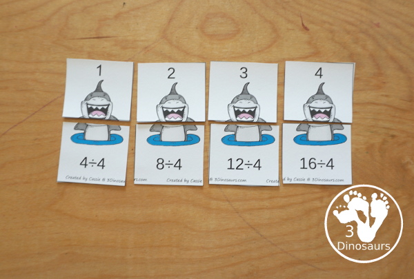 Shark Multiplication & Division Cut & Paste and Matching with cut and paste worksheets for division and multiplication with numbers 1 to 12 and match puzzles and matching mats for division and multiplication - 3Dinosaurs.com