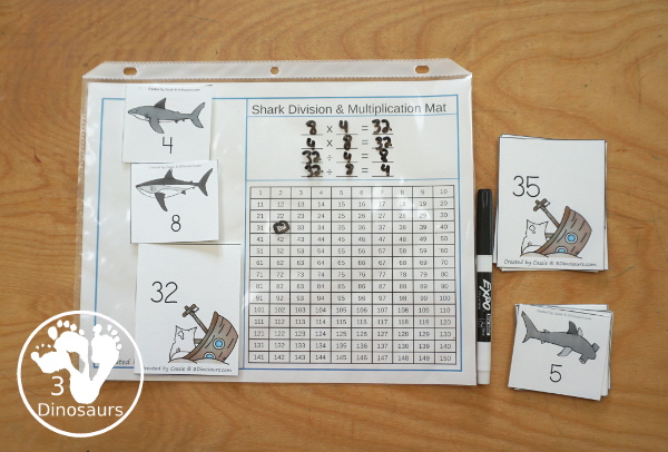 Shark Multiplication & Division Cut & Paste and Matching with cut and paste worksheets for division and multiplication with numbers 1 to 12 and match puzzles and matching mats for division and multiplication - 3Dinosaurs.com
