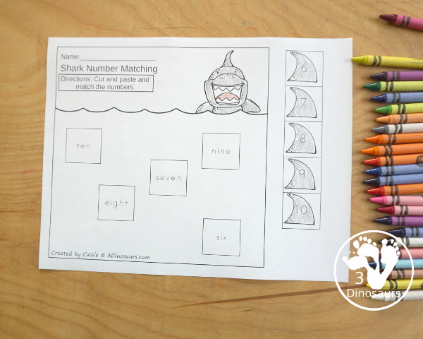 Free Shark Cut and Paste Numbers Worksheet - with matching numbers and words with a shark fin theme - 3Dinosaurs.com