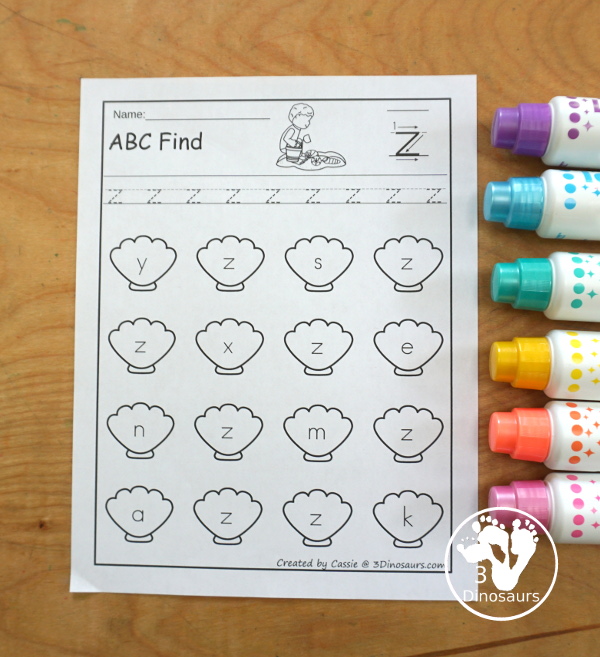 Beach ABC Letter Find Printable with all 26 letters of the alphabet. You trace the letters and then find the letters on the sea shells. You have uppercase only and lowercase only. You have 52 pages in the set. - 3Dinosaurs.com
