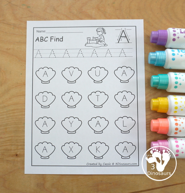 Beach ABC Letter Find Printable with all 26 letters of the alphabet. You trace the letters and then find the letters on the sea shells. You have uppercase only and lowercase only. You have 52 pages in the set. - 3Dinosaurs.com