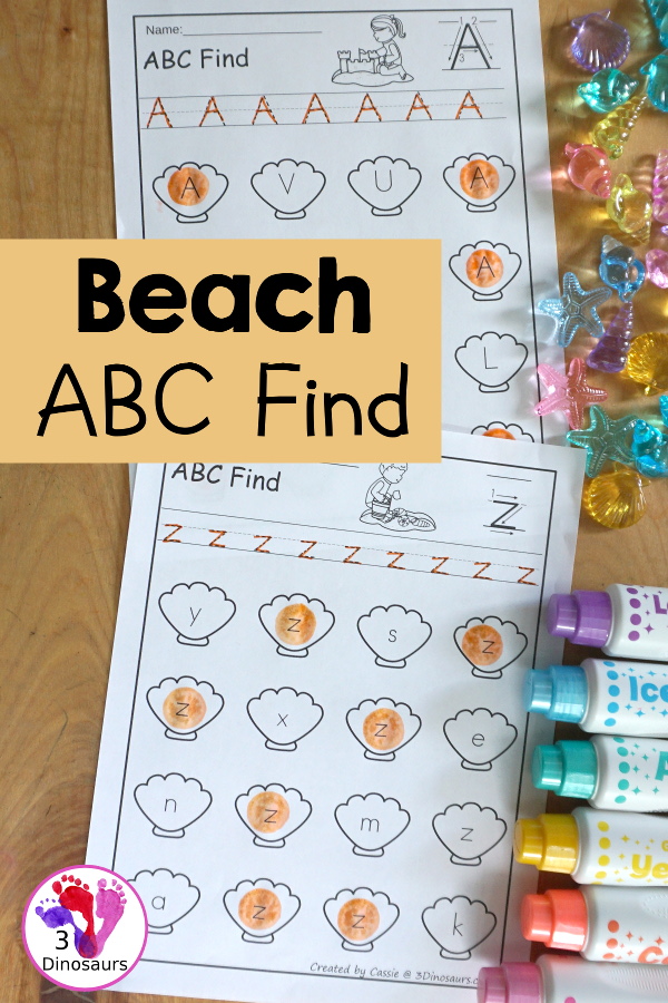 Beach ABC Letter Find Printable with all 26 letters of the alphabet. You trace the letters and then find the letters on the sea shells. You have uppercase only and lowercase only. You have 52 pages in the set. - 3Dinosaurs.com