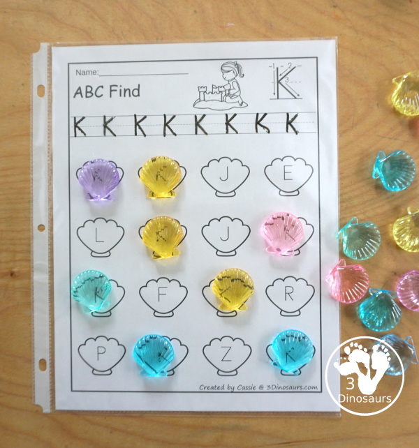 Beach ABC Letter Find Printable with all 26 letters of the alphabet. You trace the letters and then find the letters on the sea shells. You have uppercase only and lowercase only. You have 52 pages in the set. - 3Dinosaurs.com