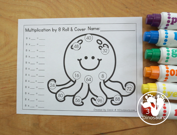 Ocean Multiplication Roll & Cover  has multiplication 1 to 12 and 1 to 15 with two options of equations for each set. You can color and black and white options- 3Dinosaurs.com
