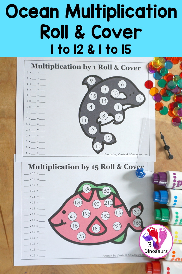 Ocean Multiplication Roll & Cover  has multiplication 1 to 12 and 1 to 15 with two options of equations for each set. You can color and black and white options- 3Dinosaurs.com