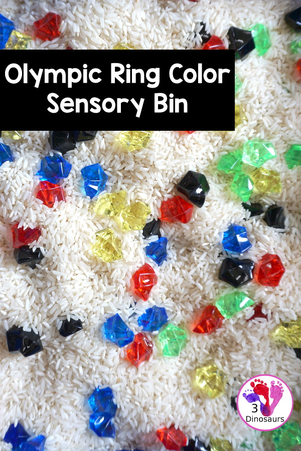 Olympic Flag Colors Sensory Bin - a simple sensory bin to explore the different colors that make the rings on the Olympic Flag - 3Dinosaurs.com