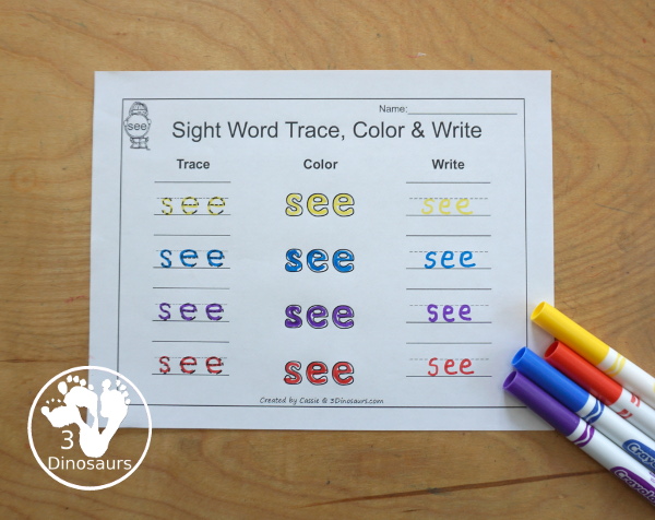 Romping & Roaring Preprimer Sight Words: Run, Said, See, The - you have 6 pages for each sight word that work on learning the sight word different ways with reading, writing, and finding. 3Dinosaurs.com