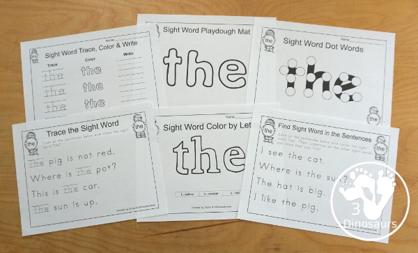 Romping & Roaring Preprimer Sight Words: Run, Said, See, The - you have 6 pages for each sight word that work on learning the sight word different ways with reading, writing, and finding. 3Dinosaurs.com