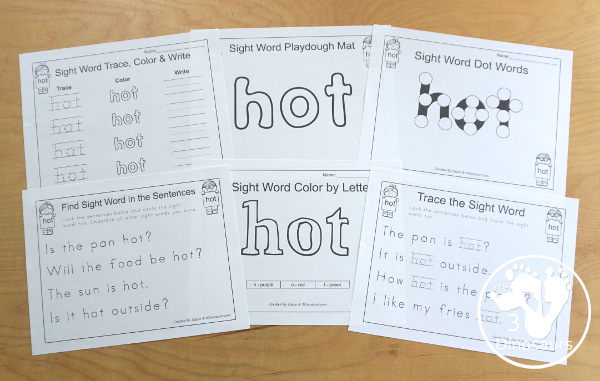 Free Romping & Roaring Third Grade Sight Words Packs Set 5: Hot, Hurt, if, Keep - 6 pages of activities for each third Grade sight words: hot, hurt, if, keep. These are great for easy to use learning centers - 3Dinosaurs.com
