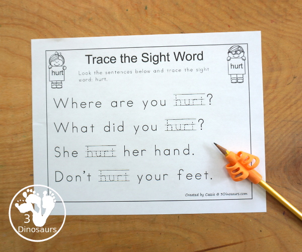 Free Romping & Roaring Third Grade Sight Words Packs Set 5: Hot, Hurt, if, Keep - 6 pages of activities for each third Grade sight words: hot, hurt, if, keep. These are great for easy to use learning centers - 3Dinosaurs.com