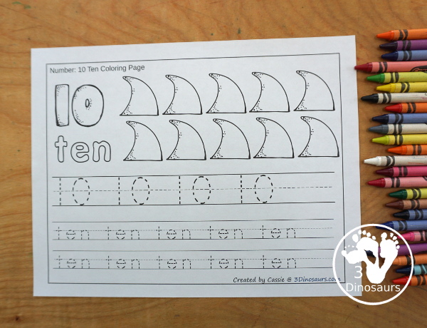 Free Shark Number Color & Trace - Numbers 0 to 10 with counting the shark and tracing the number and number word for each number with 11 pages of printables for prek and kindergarten - 3Dinosaurs.com