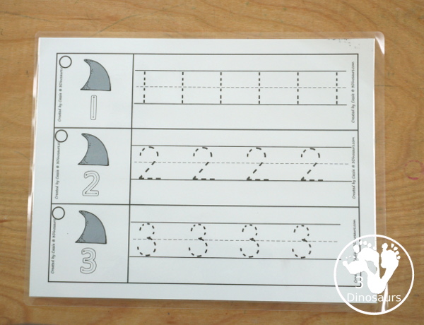 Free Shark Number Tracing Strips - with numbers 0 to 20. You can tracing the numbers and an example of how to trace the numbers on the strips, plus an shark fin on each tracing strip. - 3Dinosaurs.com