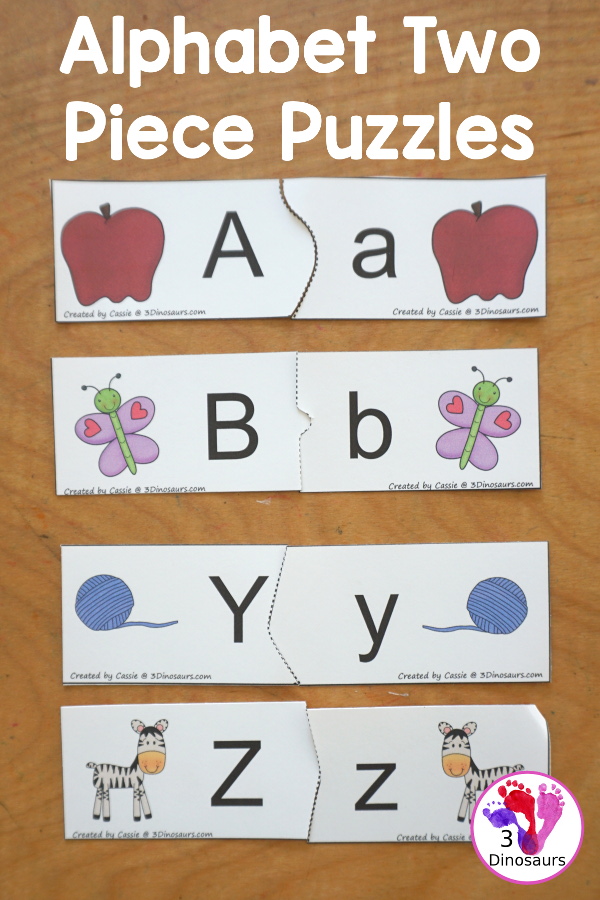 Free ABC Puzzles 2 Piece Printables- You have 26 puzzles to use with kids with all the letters from the alphabet. A great printable for kids in prek and kindergarten. 3Dinosaurs.com