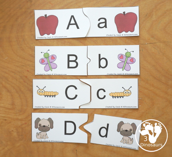 Free ABC Puzzles 2 Piece Printables- You have 26 puzzles to use with kids with all the letters from the alphabet. A great printable for kids in prek and kindergarten. 3Dinosaurs.com