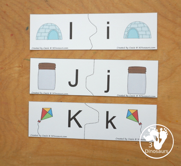 Free ABC Puzzles 2 Piece Printables- You have 26 puzzles to use with kids with all the letters from the alphabet. A great printable for kids in prek and kindergarten. 3Dinosaurs.com